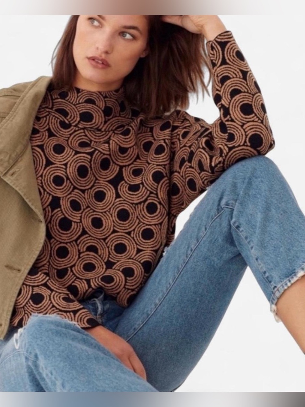 Anthropologie Maeve Black & Tan Geometric Circle Knit Sweater Women X-Small